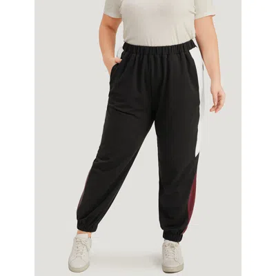 Bloomchic Women's Plus Size Contrast Patchwork Pocket Elastic Waist Carrot Sweatpants Black Dailywear 12/l