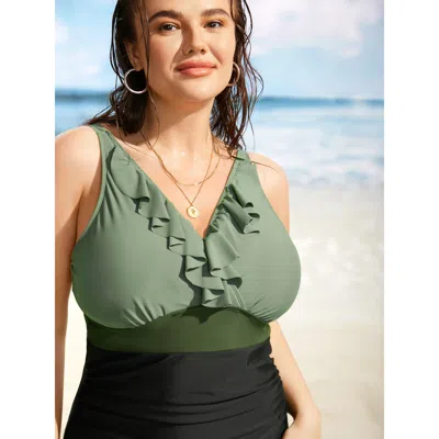 Bloomchic Women's Plus Size Contrast Patchwork Ruffle Trim Gathered One Piece Swimsuit Sage Non Gathered Adapt In Green