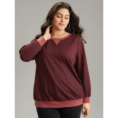 Bloomchic Women's Plus Size Contrast Patchwork Stitch Detail Elastic Cuffs Sweatshirt Maroon Plain Dailywear 1 In Burgundy