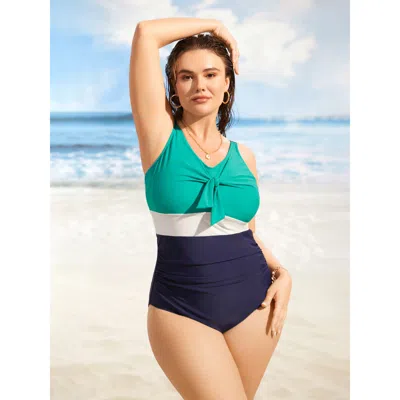 Bloomchic Women's Plus Size Contrast Patchwork Tie Knot Gathered One Piece Swimsuit Malachitegreen Geometric T