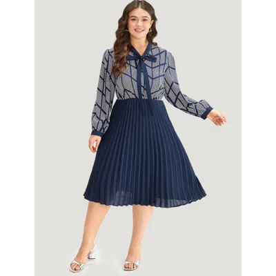 Bloomchic Women's Plus Size Contrast Patchwork Ties Pleated Dress Indigo Office Printed 30/6x In Purple