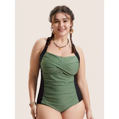 Bloomchic Women's Plus Size Contrast Patchwork Twist Front One Piece Swimsuit Armygreen Geometric Twist Adapti