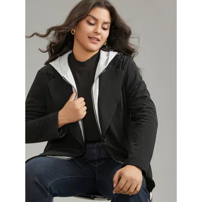 Bloomchic Women's Plus Size Contrast Patchwork Zipper Button Up Hooded Blazer Black Plain Lined Sleeve Long Sl