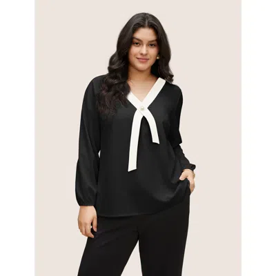 Bloomchic Women's Plus Size Contrast Pearl Decor Tie Decoration Blouse Black Office Long Sleeve 10/m