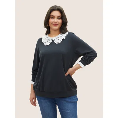 Bloomchic Women's Plus Size Contrast Peter Pan Collar Broderie Anglaise Sweatshirt Midnight Plain Everyday 12/ In Blue