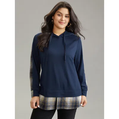 Bloomchic Women's Plus Size Contrast Plaid Hooded Curved Hem Sweatshirt Blue Plaid Dailywear 12/l