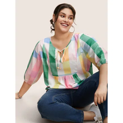 Bloomchic Women's Plus Size Contrast Plaid Tie Knot Lantern Sleeve Blouse Multicolor Plaid Everyday 3/4 Sleeve