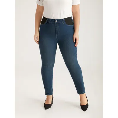 Bloomchic Women's Plus Size Contrast Pocket Elastic Waist Very Stretchy Jeans Indigo Plain Elastic Waist High  In Purple