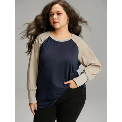 Bloomchic Women's Plus Size Contrast Raglan Sleeve Elastic Cuffs Sweatshirt Navy Plain Dailywear 10/m In Blue