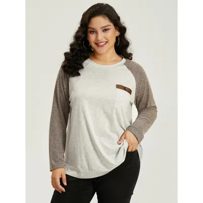 Bloomchic Women's Plus Size Contrast Raglan Sleeve Patched Pocket T-shirt White Dailywear Long Sleeve 12/l