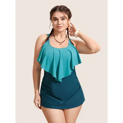Bloomchic Women's Plus Size Contrast Ruffles Adjustable Straps Swim Top Teal Non Gathered Adaptive-fit 10/m In Blue