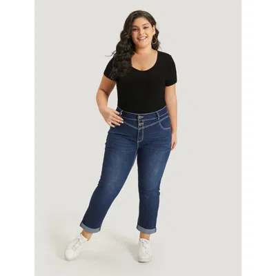 Bloomchic Women's Plus Size Contrast Stitch Roll Hem Straight Leg Jeans Navy Plain Plain High Stretch 10/m In Blue