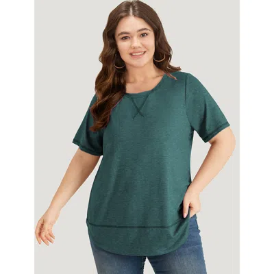 Bloomchic Women's Plus Size Contrast Stitch Round Neck Curved Hem T-shirt Emerald Dailywear Short Sleeve 10/m In Green