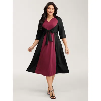 Bloomchic Women's Plus Size Contrast Stretchy Cinched-waist Midi Dress Black Non Midi Elegant Tie Knot 14-16/1