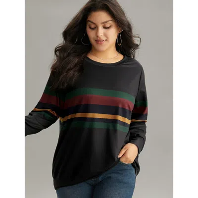 Bloomchic Women's Plus Size Contrast Striped Basic Crew Neck Sweatshirt Black Striped Dailywear 14-16/1x
