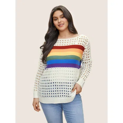 Bloomchic Women's Plus Size Contrast Striped Boat Neck Cut Out Pullover White Rainbow Long Sleeve 18-20/2x