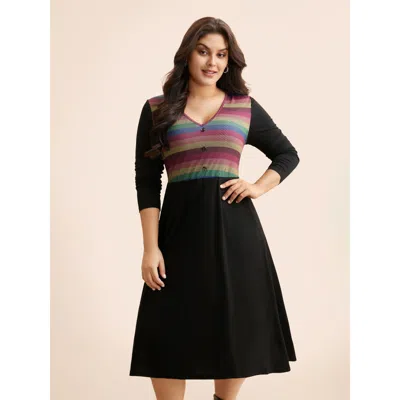 Bloomchic Women's Plus Size Contrast Striped Button Detail Midi Dress Black Stripes Midi Everyday Colorblock 2