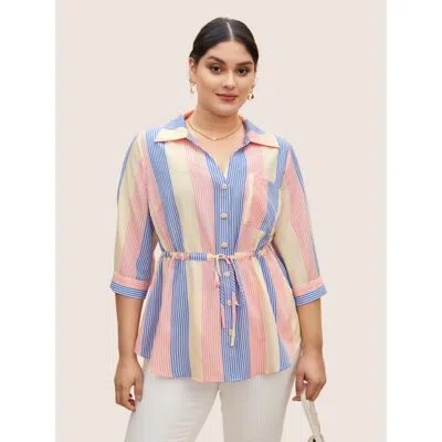 Bloomchic Women's Plus Size Contrast Striped Drawstring Patched Pocket Blouse Multicolor Stripes Everyday 3/4 