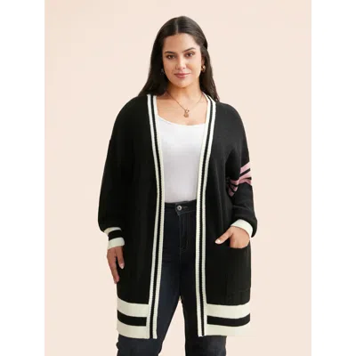 Bloomchic Women's Plus Size Contrast Striped Drop Shoulder Cardigan Black Long Sleeve 10/m