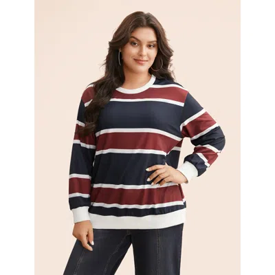Bloomchic Women's Plus Size Contrast Striped Drop Shoulder Sweatshirt Multicolor Everyday 10/m