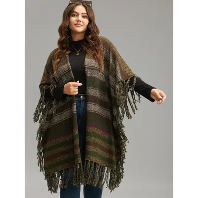 Bloomchic Women's Plus Size Contrast Striped Fringe Trim Drape Cardigan Multicolor Sleeveless 18-20/2x