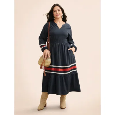 Bloomchic Women's Plus Size Contrast Striped Notched Ruffle Hem Dress Navy Stripes Midi Everyday Colorblock 12 In Blue