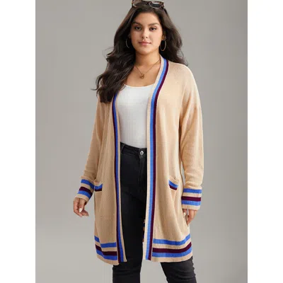 Bloomchic Women's Plus Size Contrast Striped Patched Pocket Drop Shoulder Cardigan Champagne Long Sleeve 18-20 In Gold