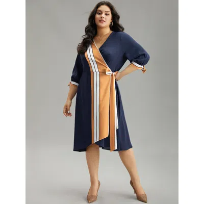 Bloomchic Women's Plus Size Contrast Striped Patchwork Wrap Dress Midnight Dailywear Wrap / Overlap 12/l In Blue