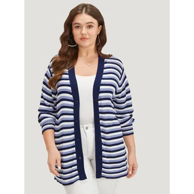 Bloomchic Women's Plus Size Contrast Striped Rib Knit Button Through Cardigan Indigo Long Sleeve 12/l In Purple