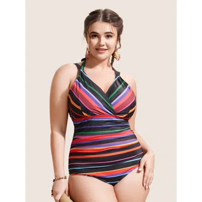 Bloomchic Women's Plus Size Contrast Striped Tie Knot One Piece Swimsuit Multicolor Stripes Tie Knot Adaptive-