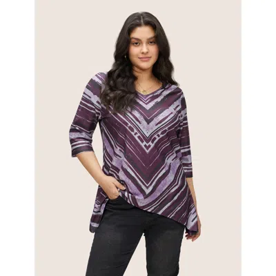Bloomchic Women's Plus Size Contrast Striped V Neck Asymmetrical Hem T-shirt Heather Everyday 3/4 Sleeve 12/l In Gray