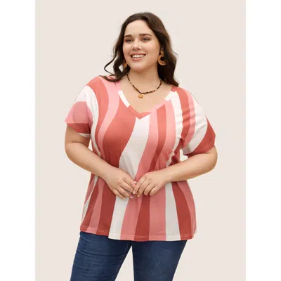 Bloomchic Women's Plus Size Contrast Striped V Neck Batwing Sleeve T-shirt Multicolor Stripes Vacation Half Sl