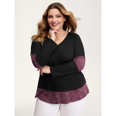 Bloomchic Women's Plus Size Contrast Stripes Vintage V-neck T-shirt Black Non Casual Extra Long Sleeve 10/m