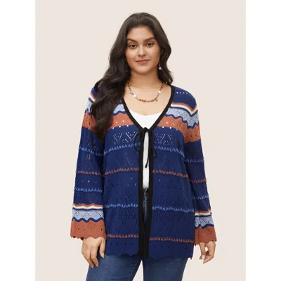 Bloomchic Women's Plus Size Contrast Texture Hollow Out Ties Cardigan Indigo 10/m In Purple