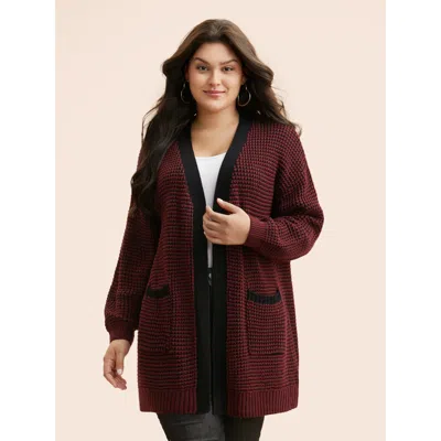 Bloomchic Women's Plus Size Contrast Textured Drop Shoulder Sleeve Cardigan Burgundy Long Sleeve 14-16/1x
