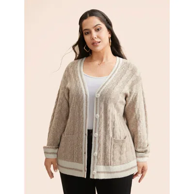 Bloomchic Women's Plus Size Contrast Trim Cable Knit Pocket Cardigan Champagne Long Sleeve 12/l In Gold