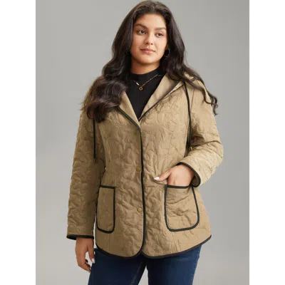 Bloomchic Women's Plus Size Contrast Trim Drawstring Quilted Padded Jacket Bronze Lined 10/m In Brown