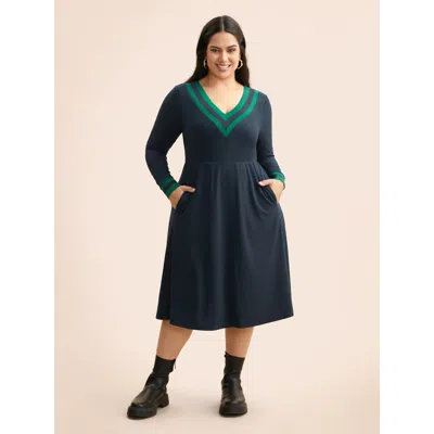 Bloomchic Women's Plus Size Contrast Trim Elastic Waist Pocket Dress Midnight Stripes Knee Casual Texture 22-2 In Blue