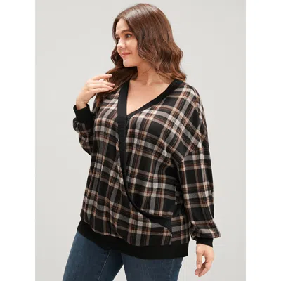 Bloomchic Women's Plus Size Contrast Trim Lantern Sleeve Tartan Wrap Sweatshirt Darkbrown Plaid Dailywear 10/m In Brown