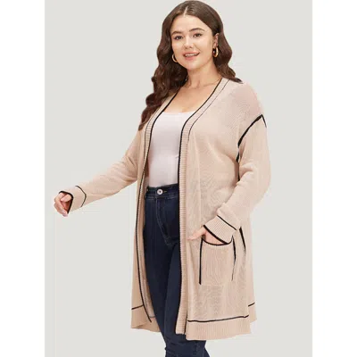 Bloomchic Women's Plus Size Contrast Trim Patched Pocket Drop Shoulder Cardigan Champagne Long Sleeve 10/m In Gold