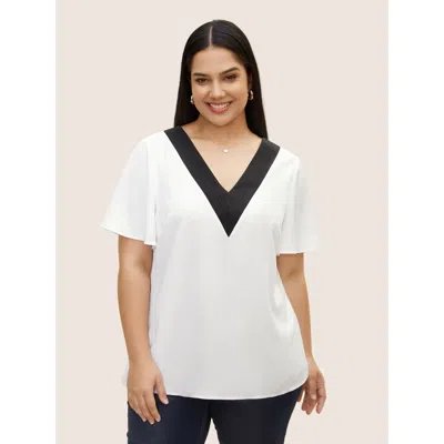Bloomchic Women's Plus Size Contrast Trim Pleated Flutter Sleeve Blouse Whitesmoke Non Office Short Sleeve 10/