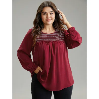 Bloomchic Women's Plus Size Contrast Trim Plicated Detail Flutter Sleeve Blouse Scarlet Office Long Sleeve 10/ In Red