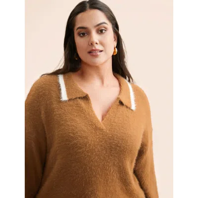 Bloomchic Women's Plus Size Contrast Trim Polo Neck Fluffy Pullover Yellowishbrown Long Sleeve 10/m