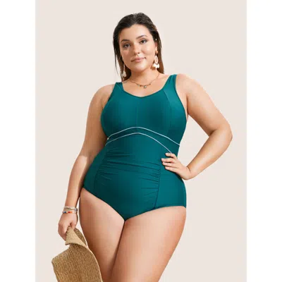 Bloomchic Women's Plus Size Contrast Trim Ruched Heart Neckline One Piece Swimsuit Darkgreen Non Gathered Adap In Green