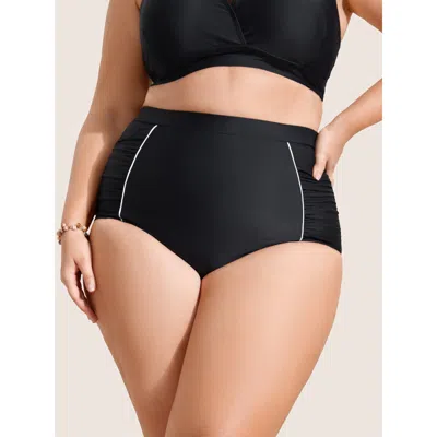 Bloomchic Women's Plus Size Contrast Trim Ruched High Rise Swim Bottom Black Non Short Gathered Fully Elastica