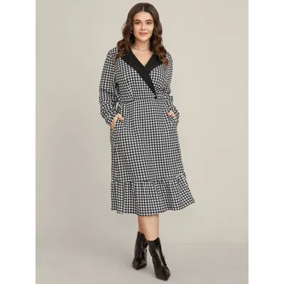 Bloomchic Women's Plus Size Contrast Trim Suit Collar Pocket Ruffle Hem Houndstooth Dress Black Houndstooth Of