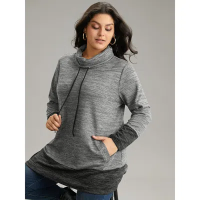 Bloomchic Women's Plus Size Contrast Turtleneck Pocket Drawstring Sweatshirt Dimgray Plain Dailywear 10/m