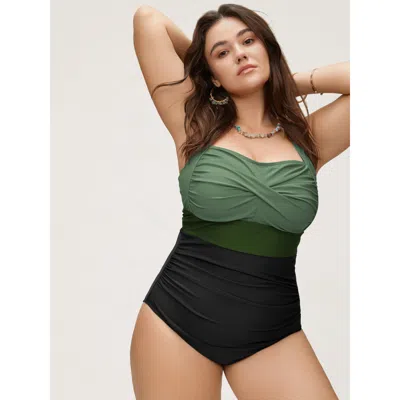 Bloomchic Women's Plus Size Contrast Twist Front Tummy-control One Piece Swimsuit Armygreen Color Block Colorb