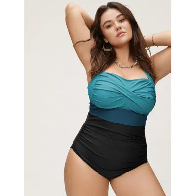 Bloomchic Women's Plus Size Contrast Twist Front Tummy-control One Piece Swimsuit Cyan Color Block Colorblock  In Blue