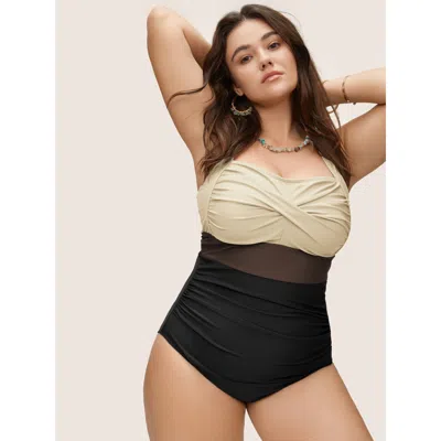 Bloomchic Women's Plus Size Contrast Twist Front Tummy-control One Piece Swimsuit Lightbrown Color Block Color In Brown
